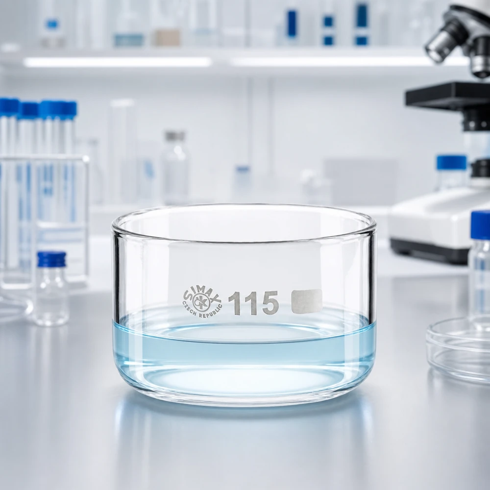 Bandeja de cristalización SIMAX de 500 ml llena de agua transparente, vista al microscopio en un laboratorio moderno