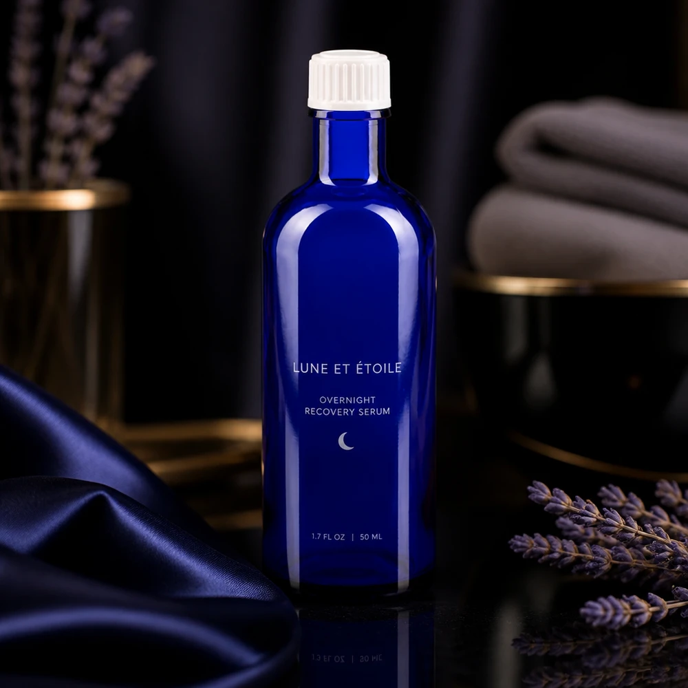 Frasco de farmacia azul cobalto de 50 ml con tapón de rosca blanco sobre fondo oscuro