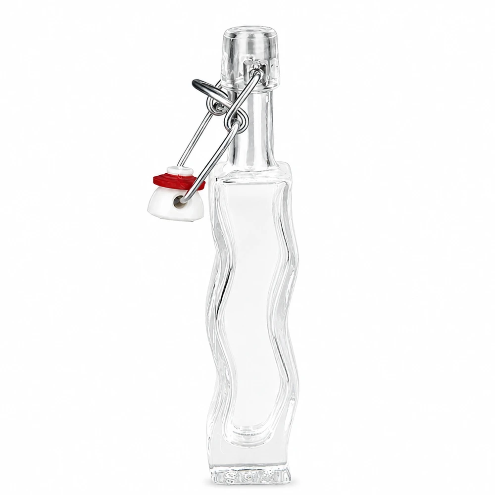 Botella de vidrio de 40 ml «Fila» con tapón de PVC UNiTWIST® Botella de cristal Anna de 40 ml con junta de goma roja en el tapón basculante, vista lateral detallada de la forma curvada