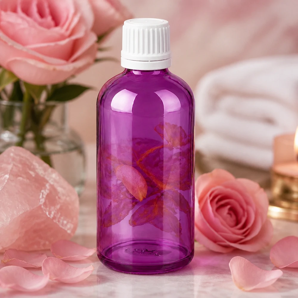 Frasco cosmético de alta calidad de 100 ml en moderno color morado con tapón blanco de seguridad para sueros