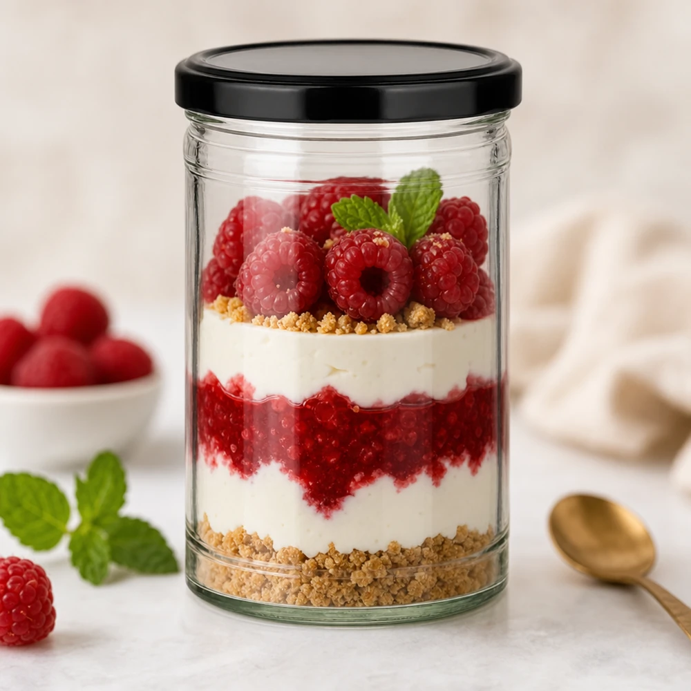 Vaso de 1053ml con tapa BasicSeal negra UNiTWIST 1053ml Sturzglas mit schwarzem Deckel als Dessertglas mit Himbeer-Schichtdessert und Keksboden dekoriert mit Minze