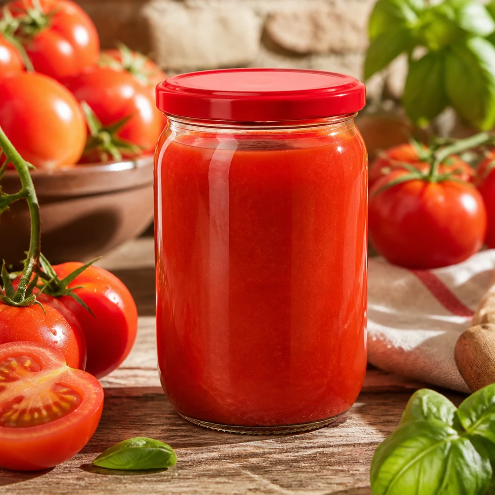 Tarro redondo de cristal UNiTWIST de 555 ml con tapa BasicSeal roja, lleno de salsa de tomate casera