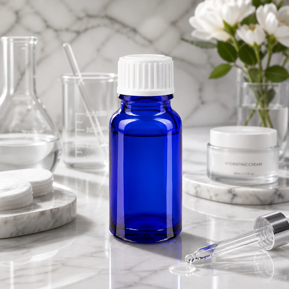 Botella de farmacia azul 10ml tapón de rosca blanco glóbulos estándar Frasco de farmacia azul de 10 ml con tapón blanco a prueba de niños sobre fondo de mármol
