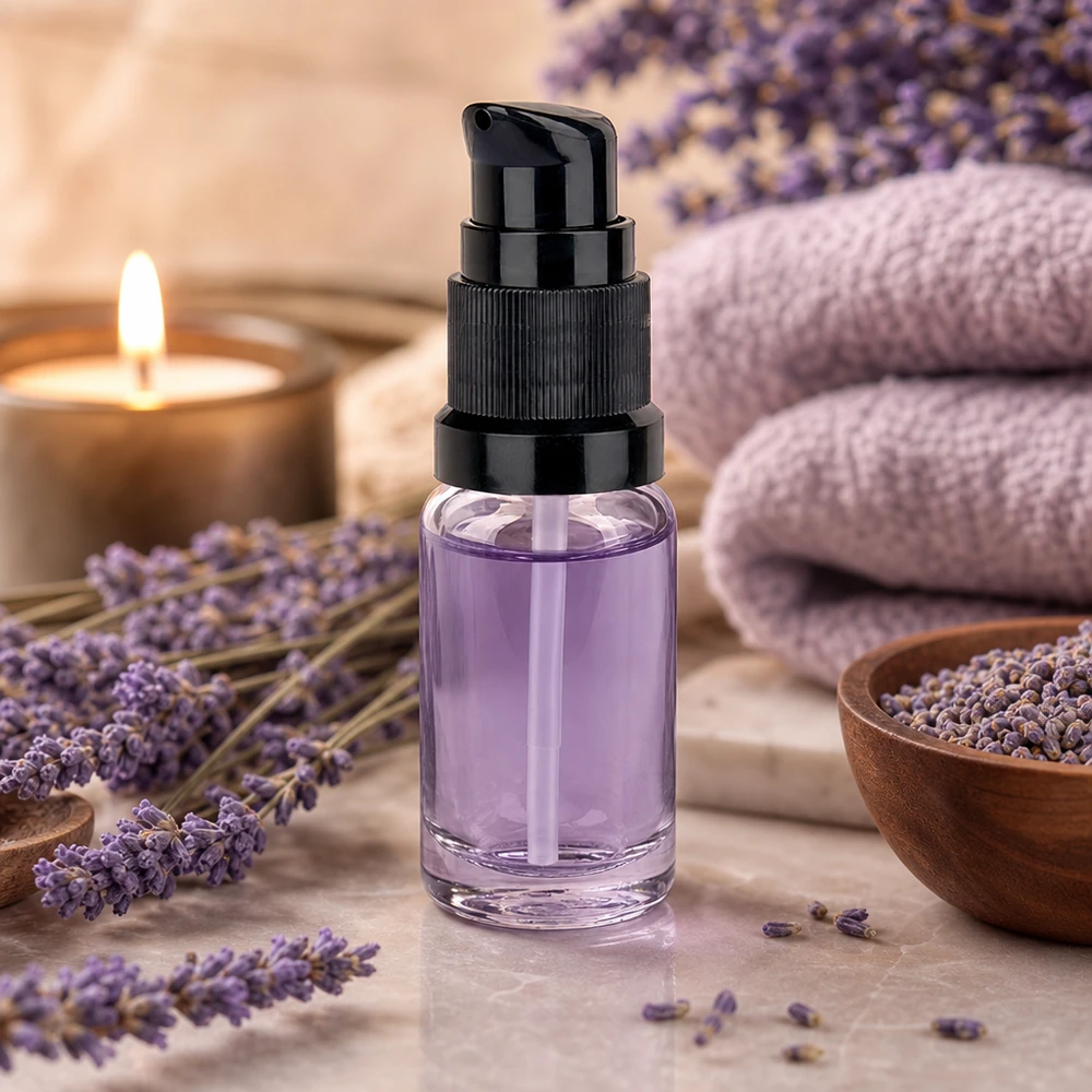Frasco bomba 10ml negro tapón estándar ClearLine UT18/10 Frasco con dosificador compacto de 10 ml STD ClearLine UT18/10 con un sérum violeta entre flores de lavanda