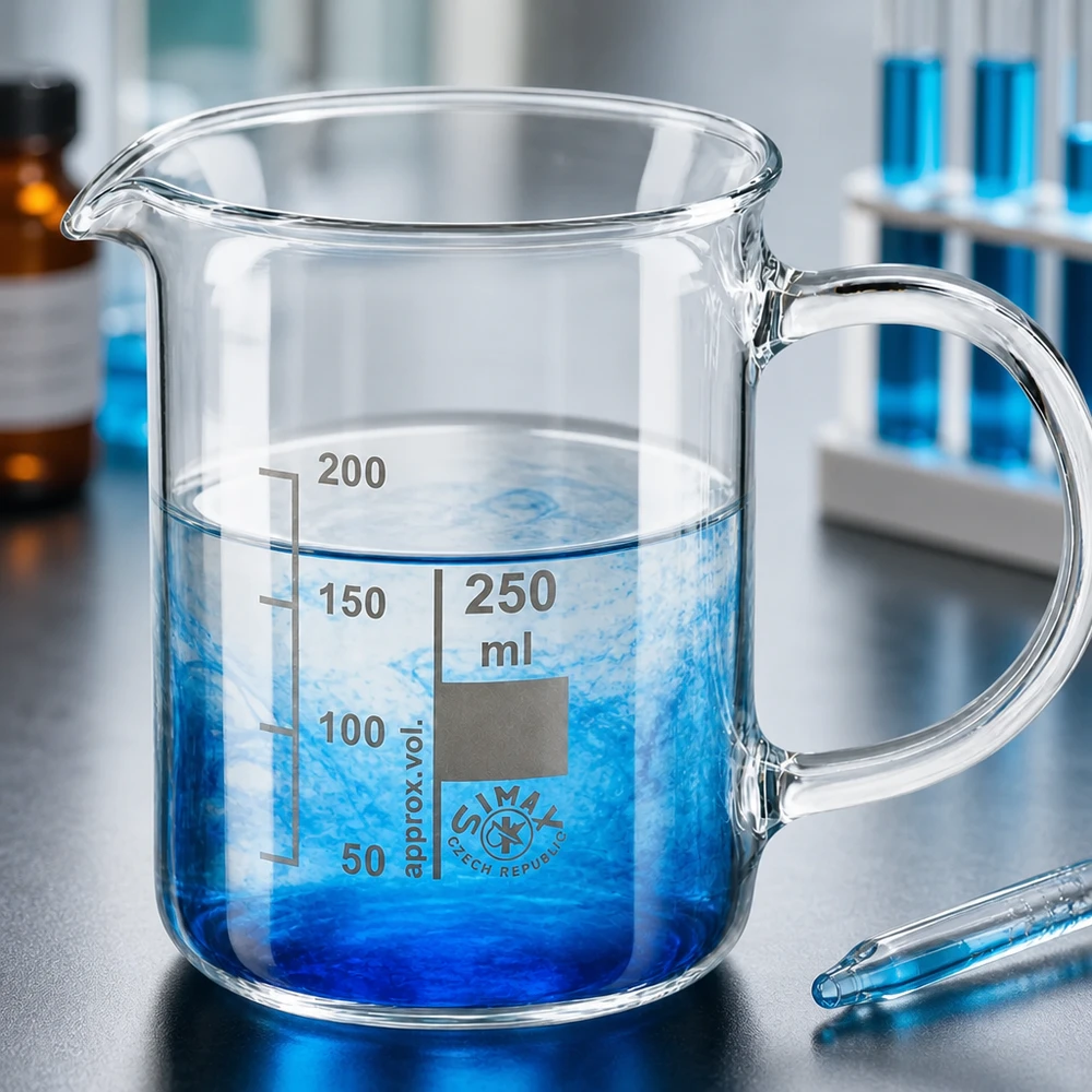 Vaso de vidrio de borosilicato de 250 ml, con asa Vaso de laboratorio de 250 ml de vidrio borosilicato con asa y una solución azul en varias capas