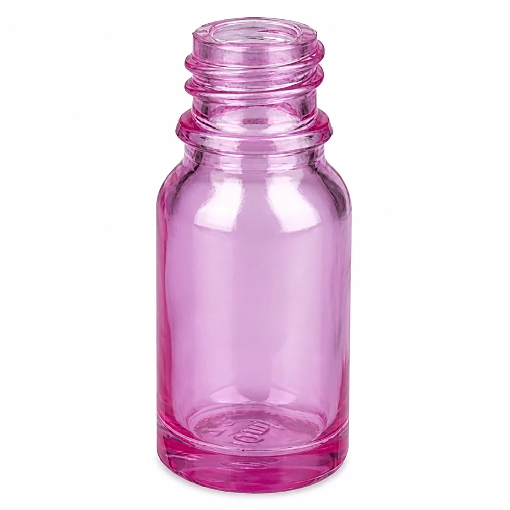 Pequeño frasco de vidrio de 10 ml en violeta transparente para aceites esenciales y sueros