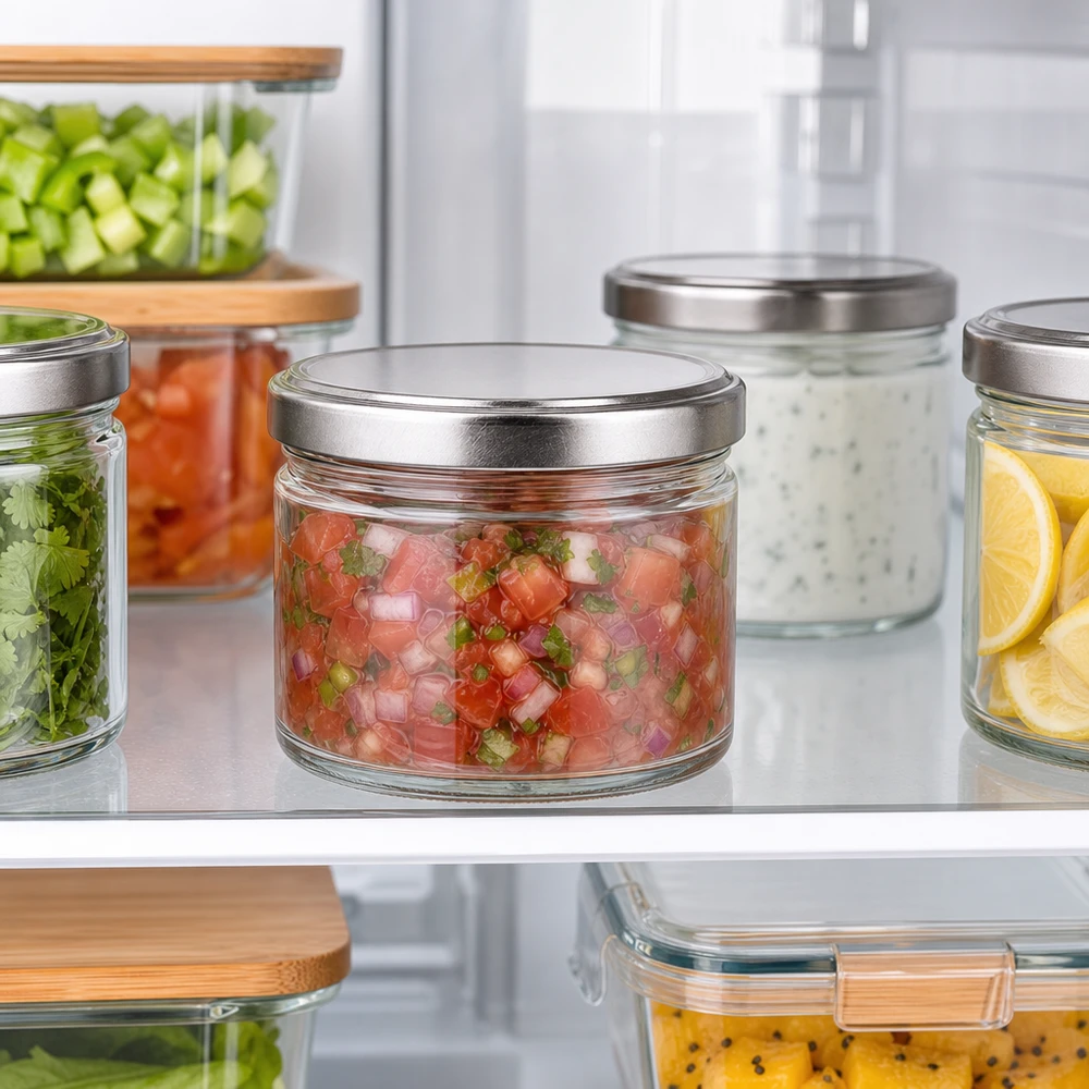 Tarros redondos de 540 ml con tapa plateada en el frigorífico, recipientes de preparación de comidas para salsa y verduras precortadas.
