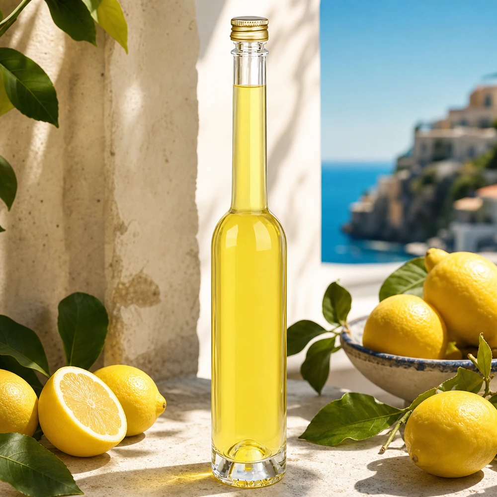 Botella de cristal de 100 ml de Toni rellena de licor de limón - Tapón dorado UNiTWIST en un marco mediterráneo con limones