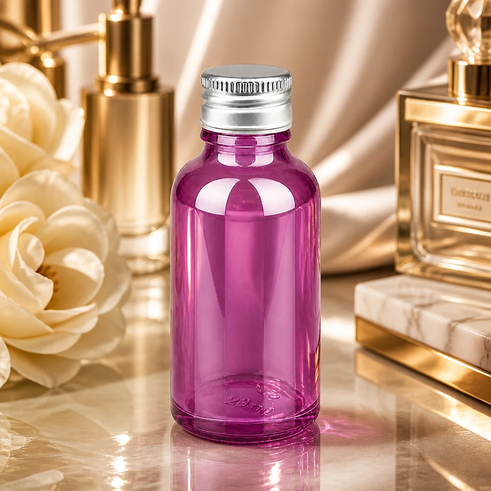 Frasco 30ml tapón rosca 11mm aluminio-plata estándar PurpleLine.UT18/30 Frasco de vidrio violeta de 30 ml de alta calidad con tapón de aluminio premium para perfumes y sueros