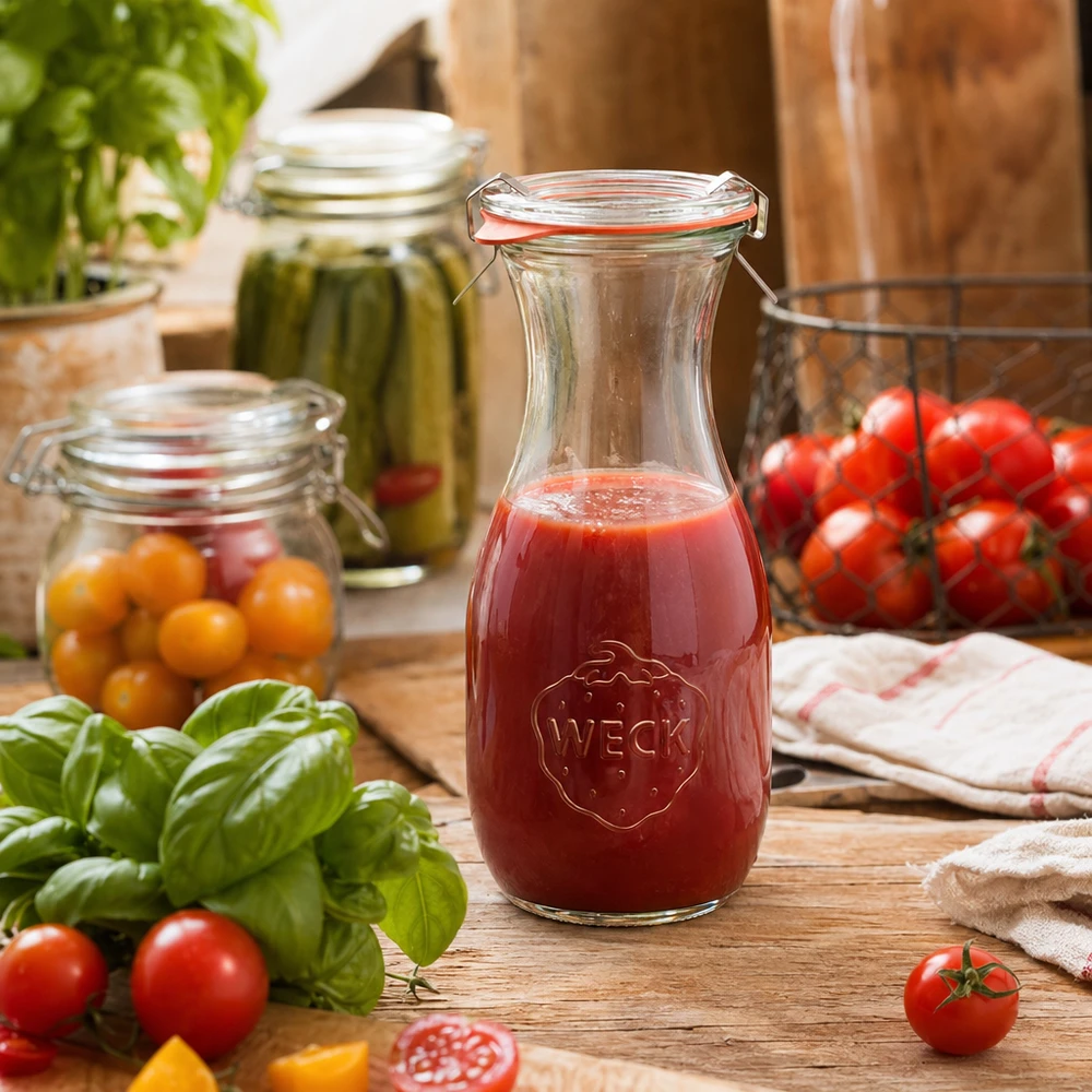 Botella de zumo WECK de 530 ml con zumo de tomate sobre mesa de madera rodeada de tomates frescos y albahaca en la cocina.