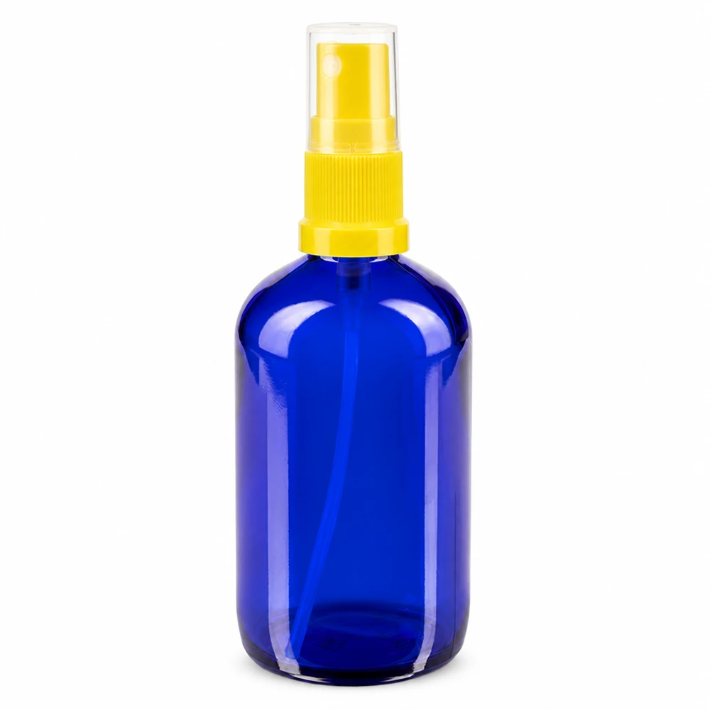Frasco pulverizador de cristal azul de 100 ml con pulverizador amarillo, de cristal de farmacia, calidad estándar