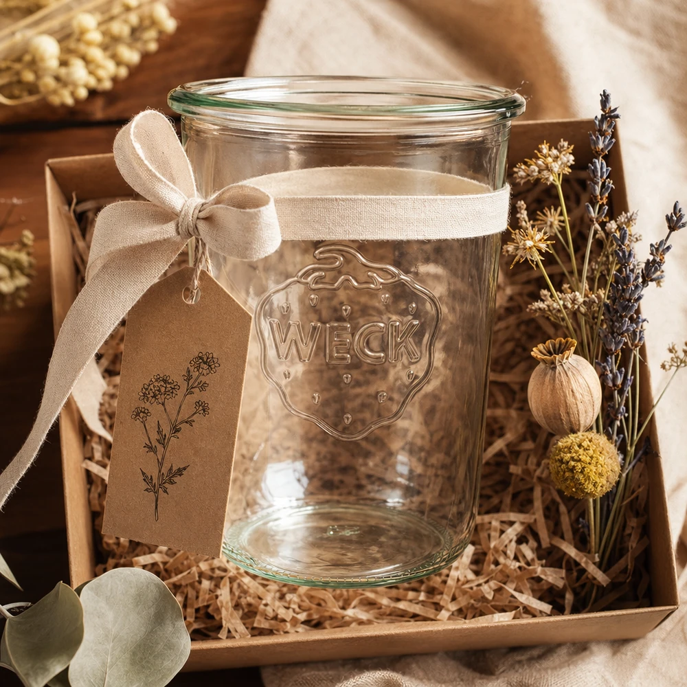 Vaso de 850ml WECK RR100 Vasos WECK RR100 de 850 ml con cinta y flores secas en caja de regalo sobre fondo de madera
