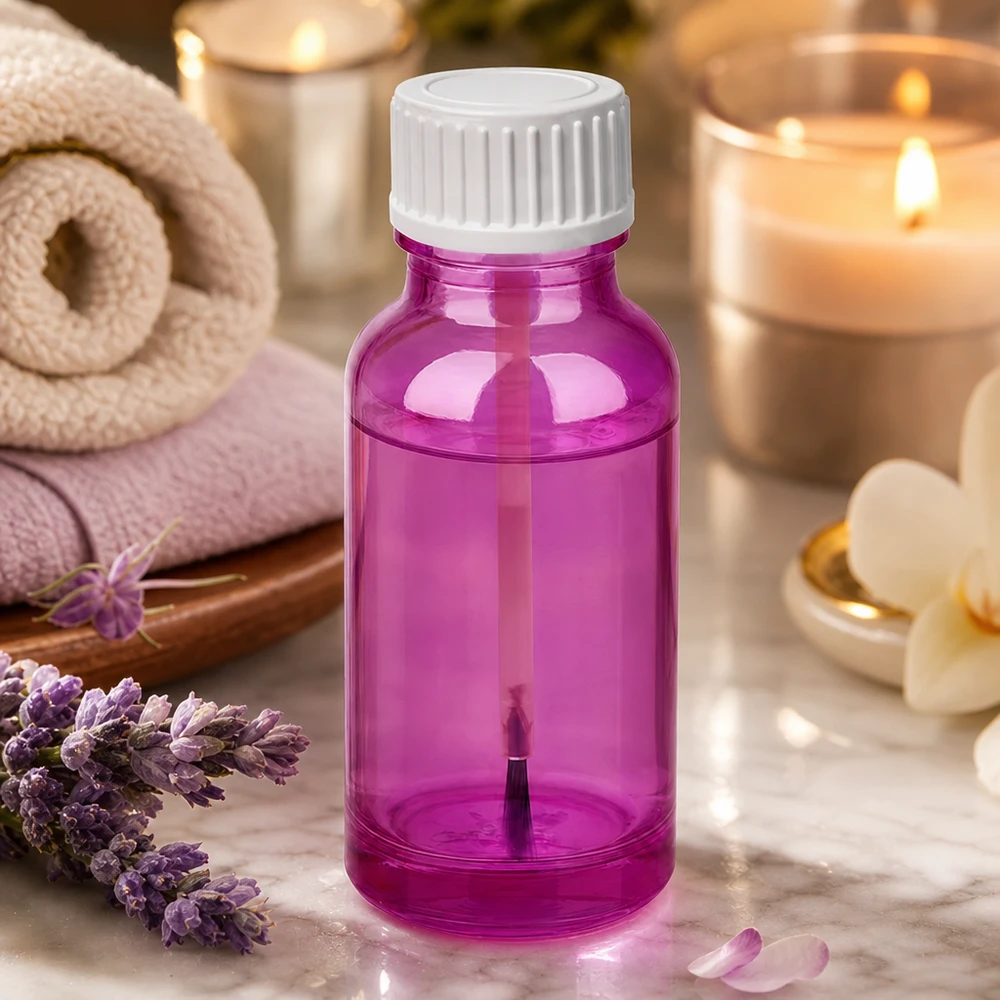 Frasco pincel compacto de 20 ml en color morado con tapón de rosca blanco ergonómico para facilitar su manejo