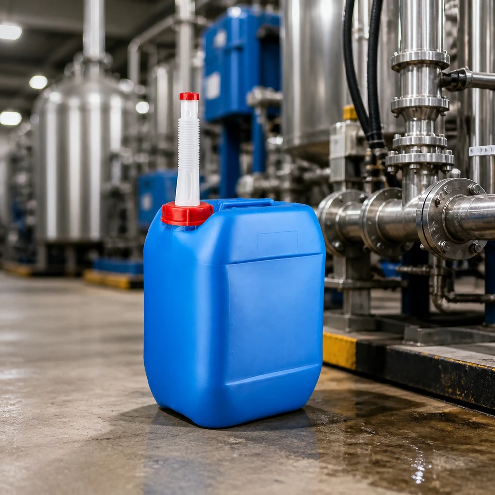 Bidón industrial azul de 10 litros con tubo de salida blanco en una moderna planta de producción