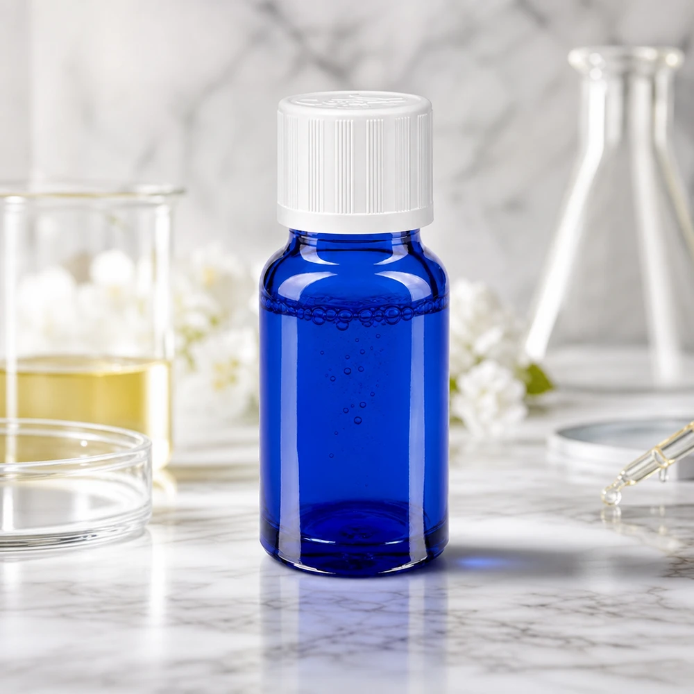 Frasco de farmacia azul de 10 ml con tapón de seguridad para niños en el laboratorio, entre dos matraces de Erlenmeyer