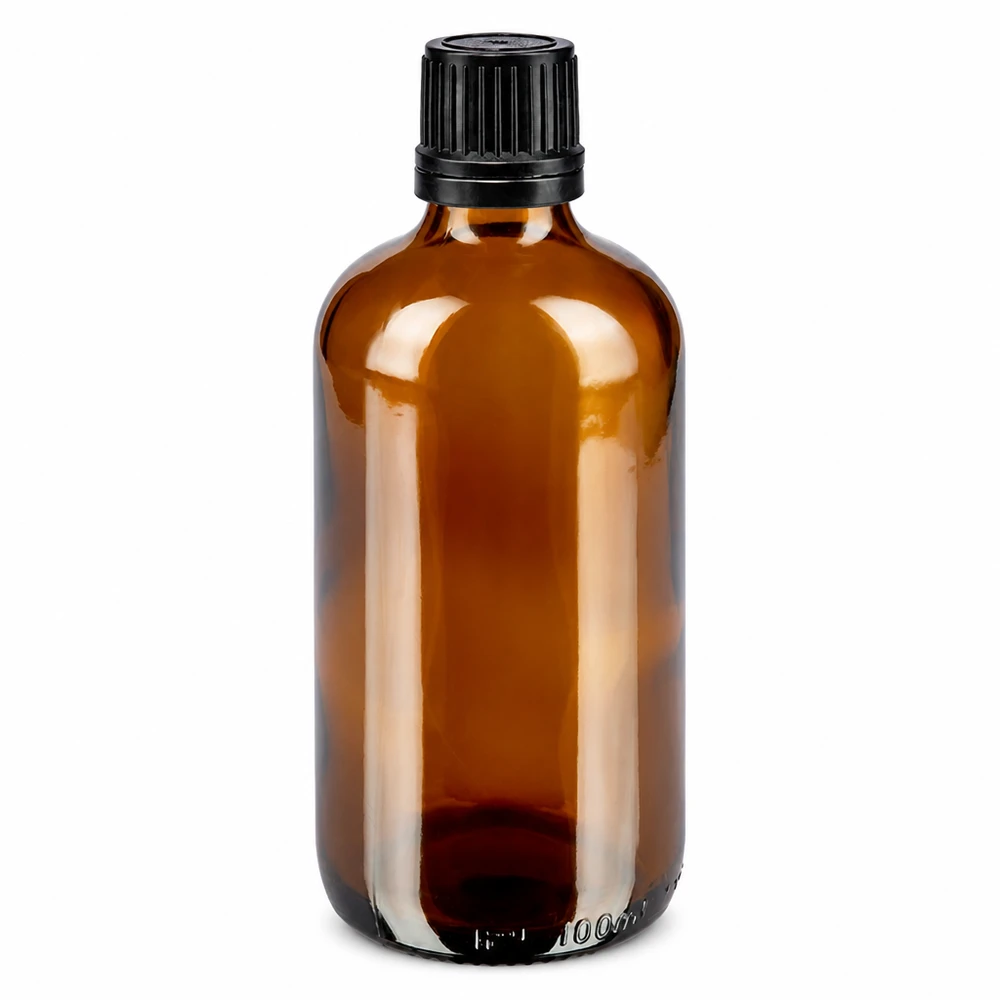 Frasco de farmacia de 100 ml de vidrio ámbar con tapón de seguridad negro y dosificador de gotas de 1 mm
