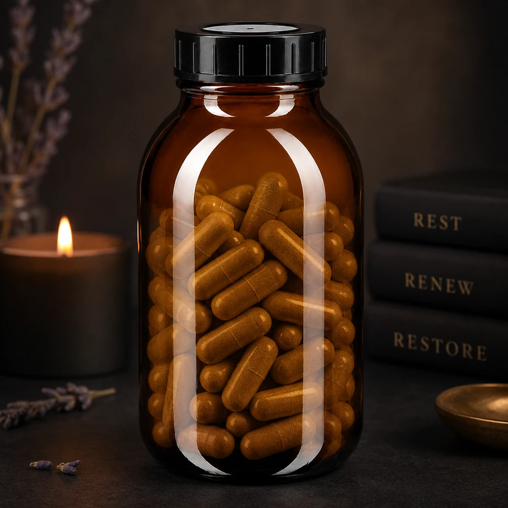Frasco de cuello ancho de 500 ml de vidrio ámbar con tapa negra perfecto para cápsulas y comprimidos