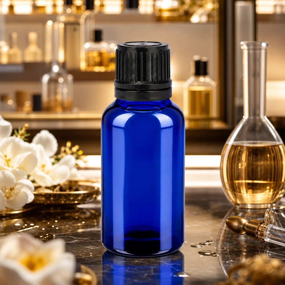 Frasco de vidrio azul cobalto de alta calidad de 20 ml con tapón de rosca negro para aplicaciones de laboratorio