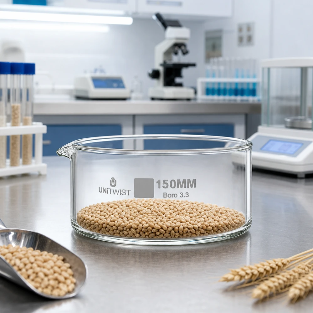 Bandeja de cristalización de 150 mm UNiTWIST Boro 3.3 con granos de trigo para el análisis de semillas en el laboratorio
