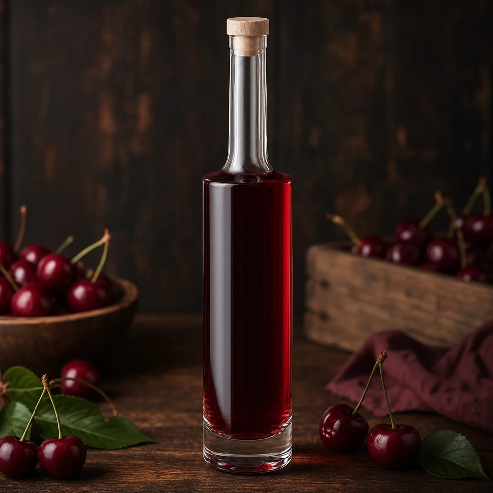 500ml Glasflasche Rosa mit rotem Kirschlikör gefüllt umgeben von frischen Kirschen auf rustikalem Holztisch