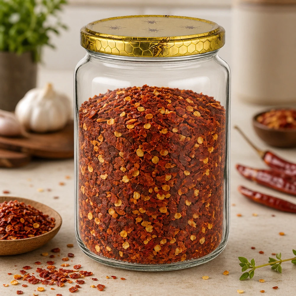 Tarro para miel de 1000 g con tapa con diseño de panal BasicSeal UNiTWIST Tarro de miel de 1000 g con tapa de panal relleno de copos de guindilla y especias sobre mesa de madera Cocina Suministros apícolas