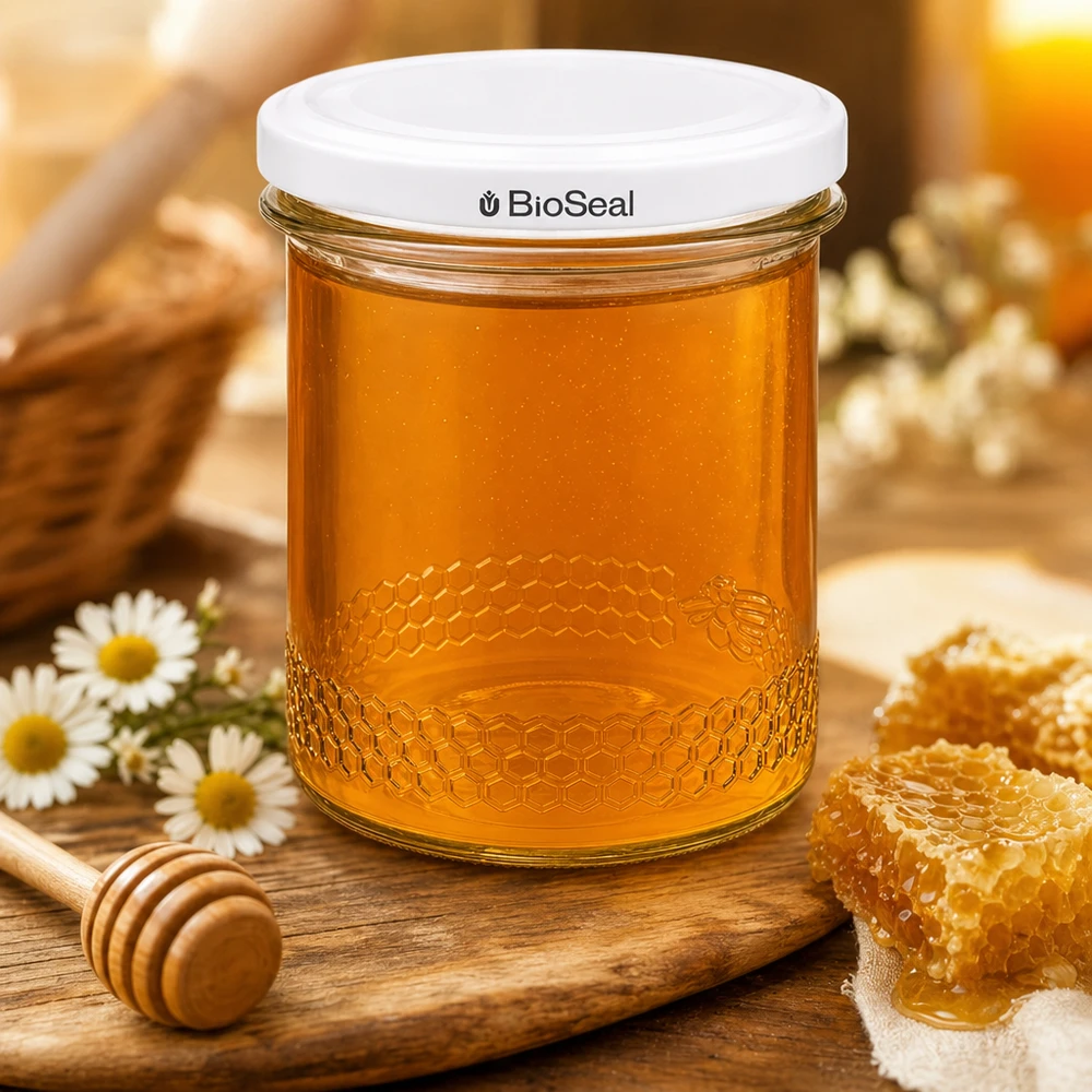 Tarro de miel UNiTWIST de 400 ml lleno de miel junto a un panal y un cazo de miel muestra el ambiente apícola tradicional