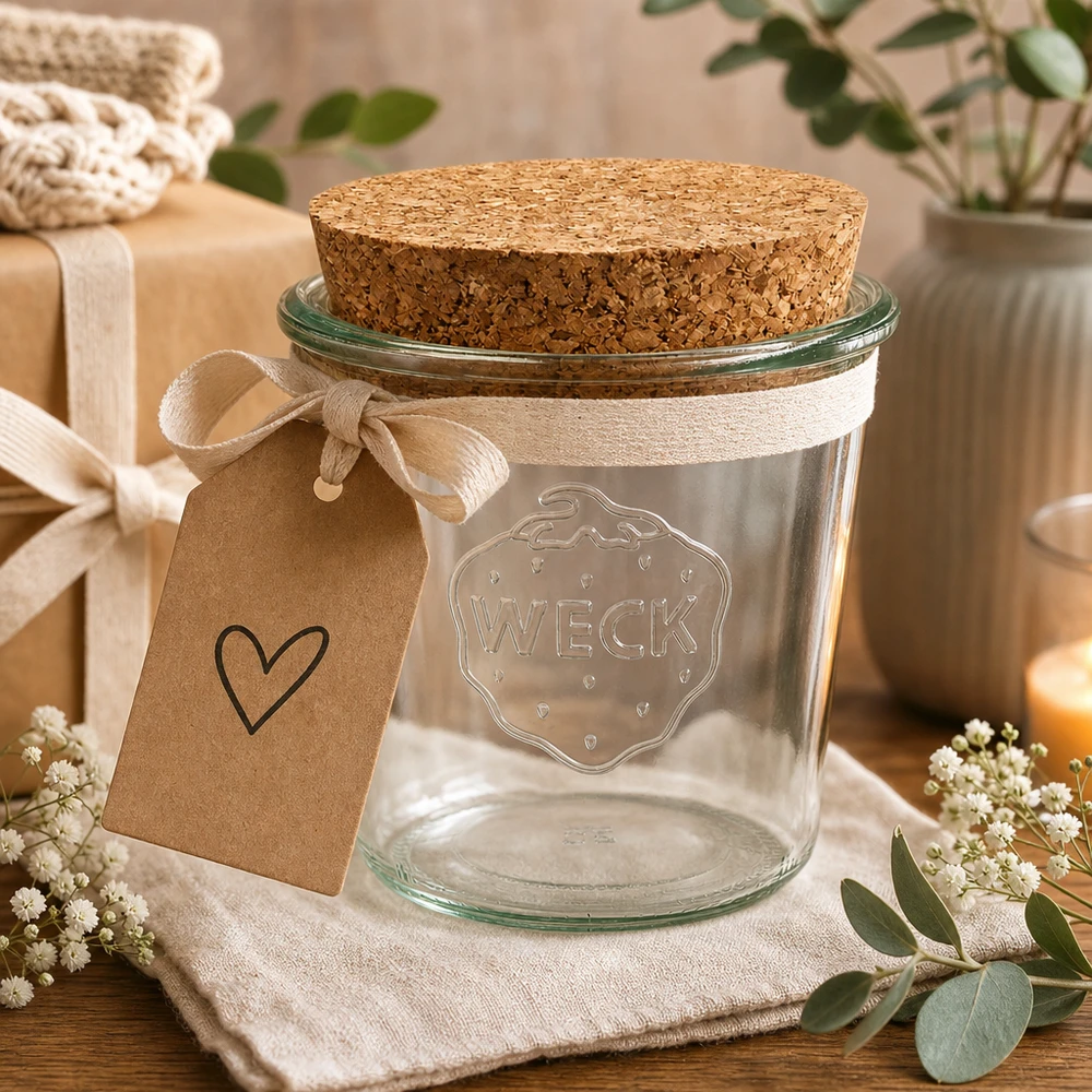 Vaso WECK RR100 de 580ml con corcho natural Vasos RR100 WECK de 580 ml como idea de regalo con colgante de corazón y lazo dispuestos en una decoración de mesa natural
