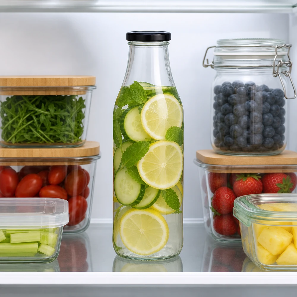 Botella de vidrio de 1000 ml + tapa BasicSeal negra UNiTWIST 1000ml Glasflasche mit Gurken-Zitronen-Infused-Water im Kühlschrank zwischen frischem Obst und Gemüse