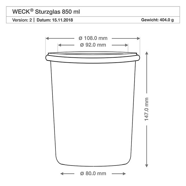 WECK vasos 850ml RR100 dibujo técnico con dimensiones diámetro 108mm altura 147mm peso 404g
