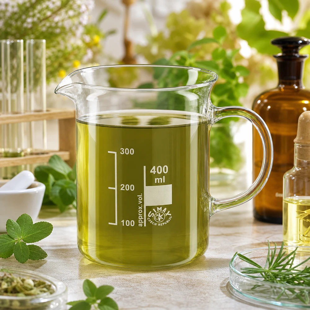Vaso de cristal de 400 ml con asa, lleno de extracto de hierbas verdes. Cristal borosilicato. Cosmética natural.