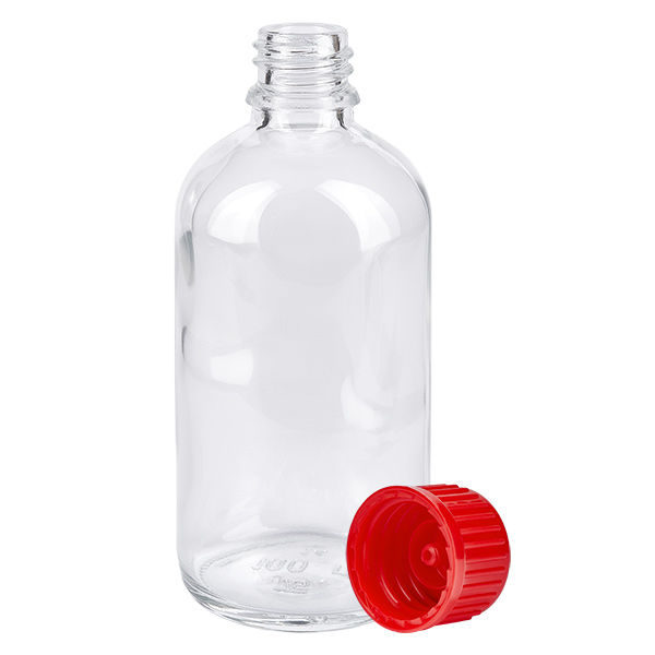Botella 100ml 11mm tapón rosca rojo estándar ClearLine UT18/100 Botella de cristal transparente de 100 ml con tapón de rosca rojo de 11 mm, modelo ClearLine UT18/100, vacía