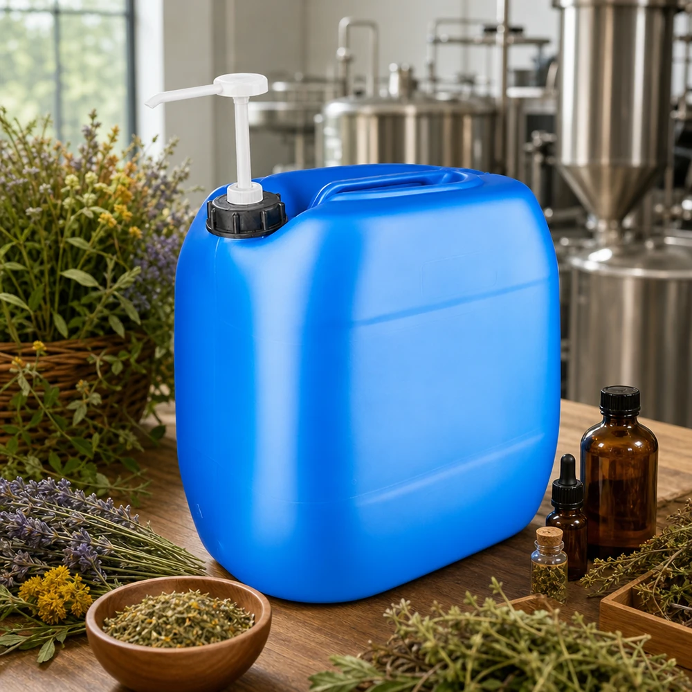 Bidón azul de 30 litros con bomba dosificadora, rodeado de hierbas y aceites esenciales en la fabricación de cosméticos naturales