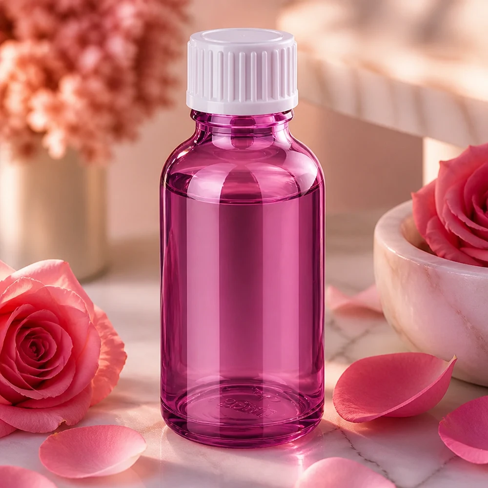 Frasco de 30 ml (glóbulo). Anillo vertedor de 3 mm blanco PurpleLine estándar. UT18/30 Frasco de vidrio compacto de 30 ml en color morado con tapón cuentagotas para cosméticos y sueros DIY