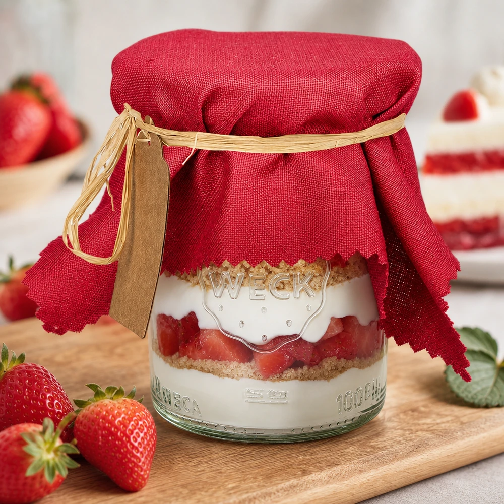 Felpilla de tela rojo burdeos de 15 cm sobre tarro de layer cake con fresas frescas y decoración de tabla de madera