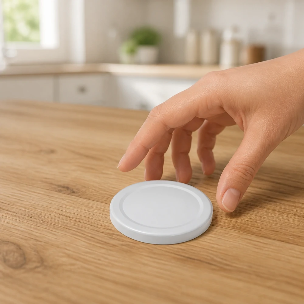 Tapa BasicSeal de 66 mm, blanca, modelo TO66deep UNiTWIST, colocada sobre una mesa de madera y cogida con la mano