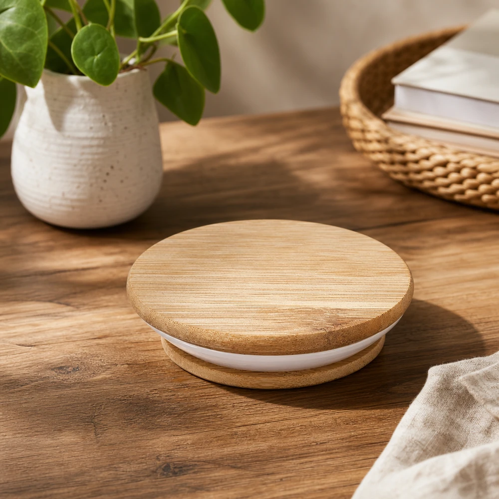 Tapa de madera (haya) sin impresión para WECK RR60 Tapa de madera WECK RR60 sobre mesa de madera en ambiente natural con planta y cesta como fotografía de producto lifestyle