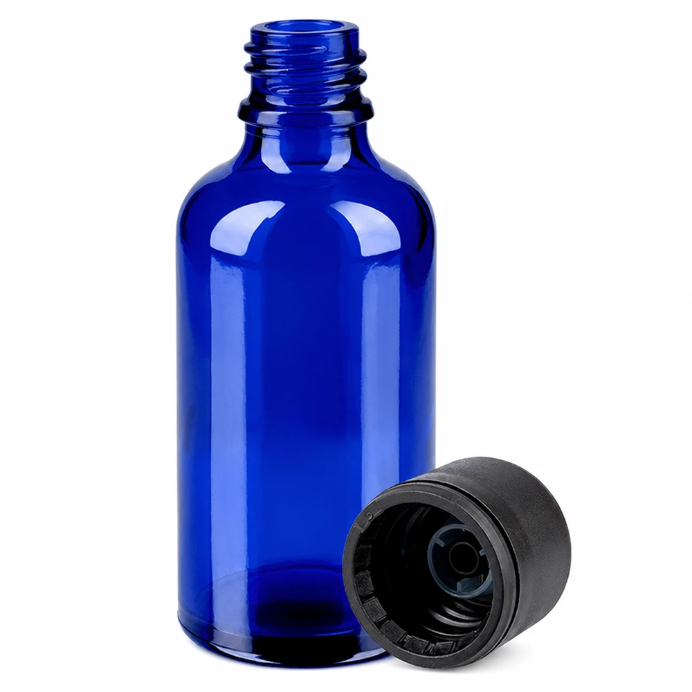 Frasco 50ml 6mm tapón rosca negro estándar BlueLine UT18/50 Frasco boticario de 50 ml de vidrio azul con tapón de rosca para aromaterapia y cosmética natural
