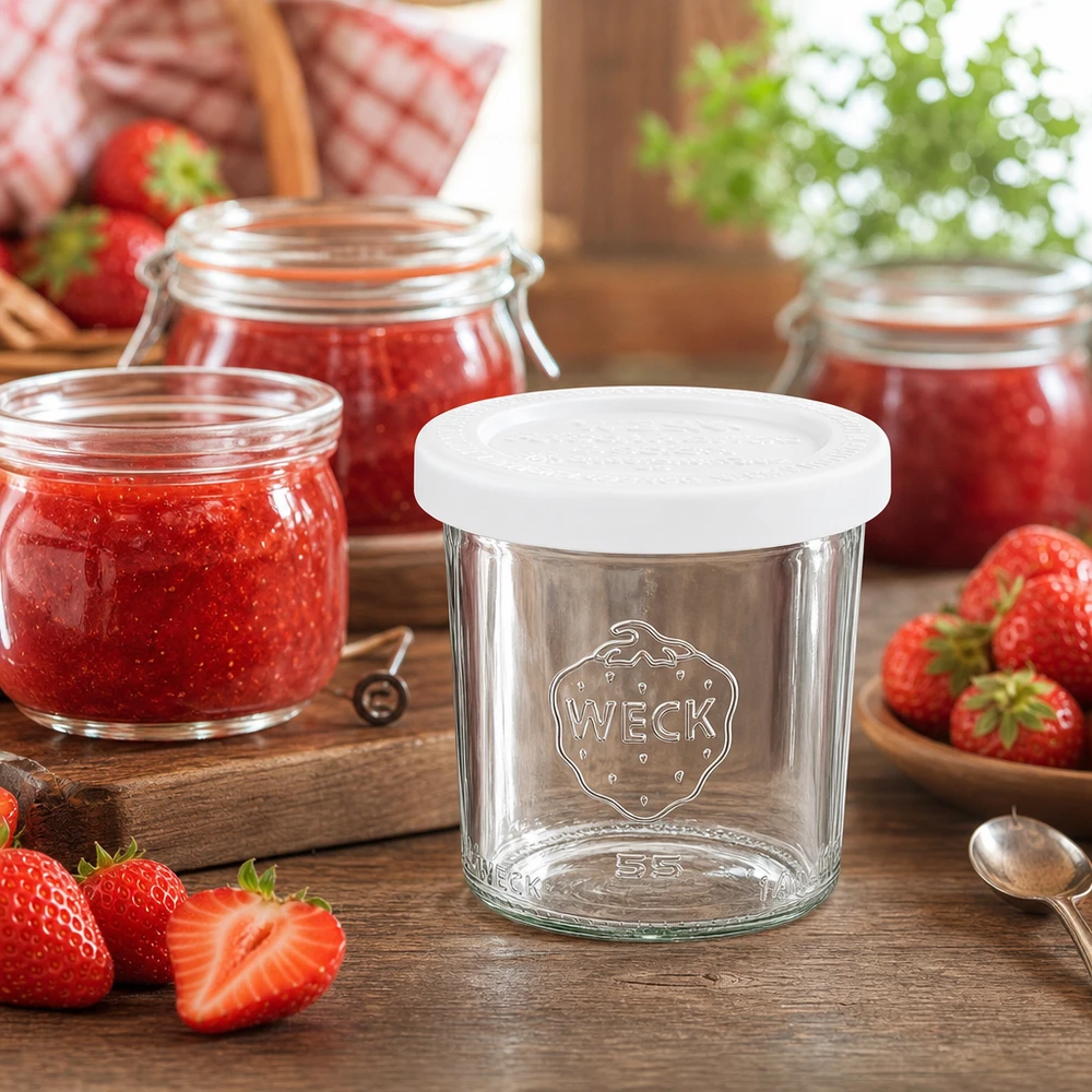 Tarro de conserva WECK de 140 ml con fresas y mermelada sobre una mesa de madera - Vasos RR60 para mermeladas y cremas para untar