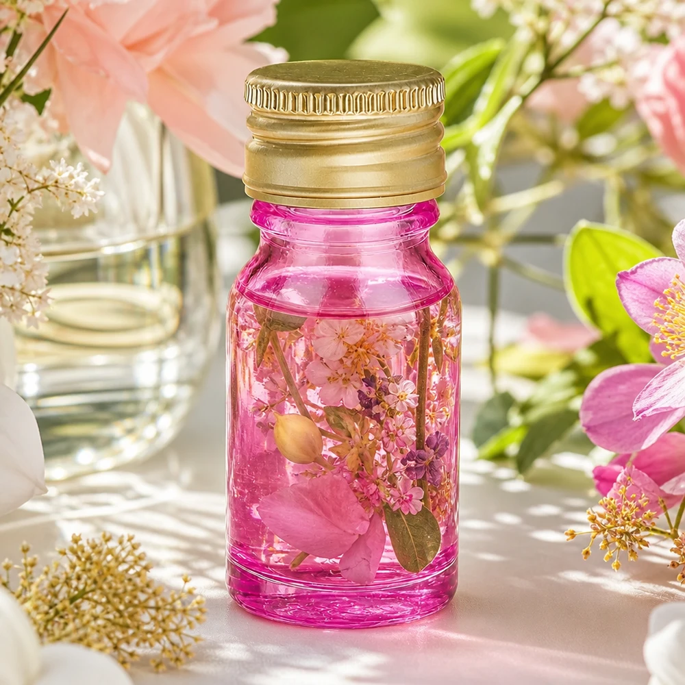 Frasco decorativo de 10 ml en color morado con tapón de aluminio dorado para cosmética DIY y cosmética natural