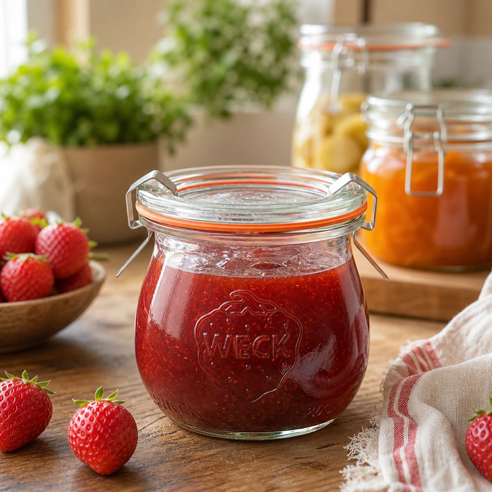Tarro tulipán 75ml completo WECK RR40 Tarro tulipán WECK 75ml relleno de mermelada de fresa en una escena de cocina rústica con fresas frescas y tarros de mermelada