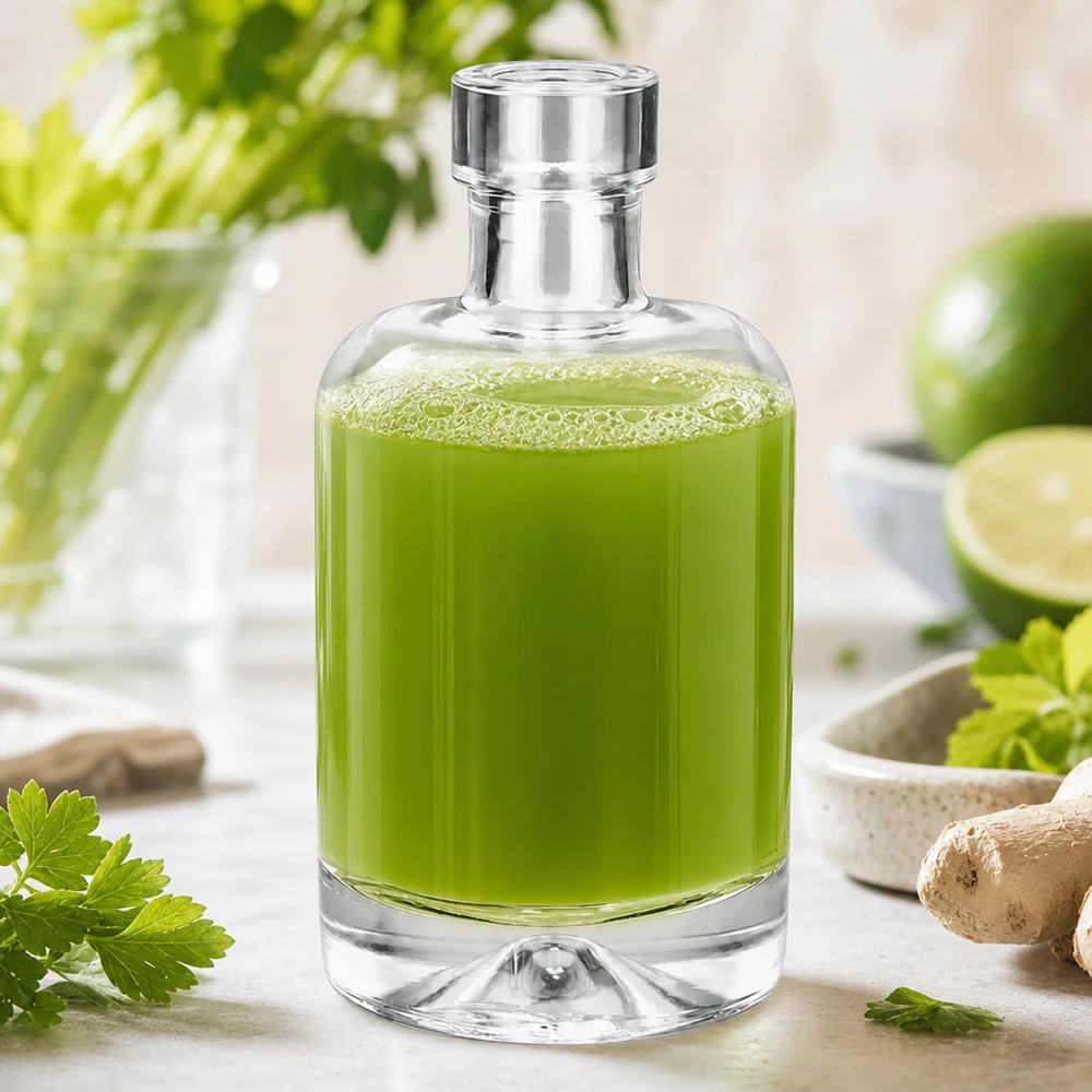 Botella de vidrio de 50 ml «50ml Glasflasche "Amelie" ohne Verschluss UNiTWIST» sin tapón UNiTWIST® Frasco de cristal de 50 ml Amelie lleno de extracto de hierbas verdes junto a hierbas frescas y lima muestra la aplicación de cosméticos naturales