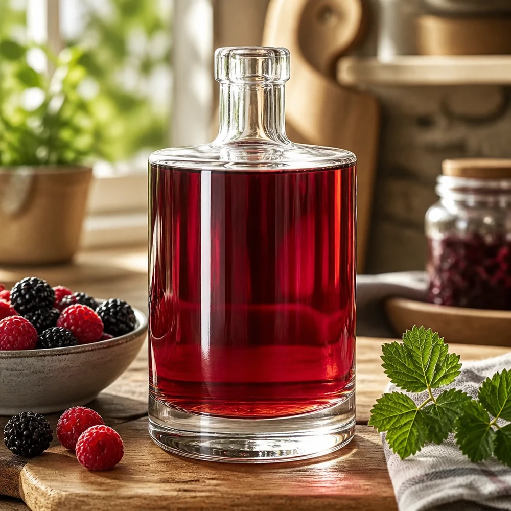 Botella de vidrio de 500 ml «Marie» sin tapón UNiTWIST® 500ml Glasflasche Marie gefüllt mit rotem Beerenlikör umgeben von frischen Himbeeren und Brombeeren als Dekoidee