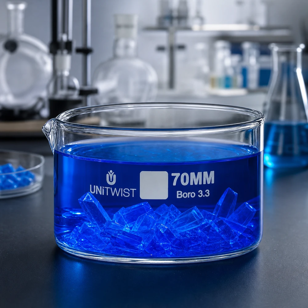 Plato cristalizador ø70mm vidrio borosilicato UNiTWIST Cubeta de cristalización de 70 mm de vidrio borosilicato 3.3 UNiTWIST con solución azul y cristales en el laboratorio