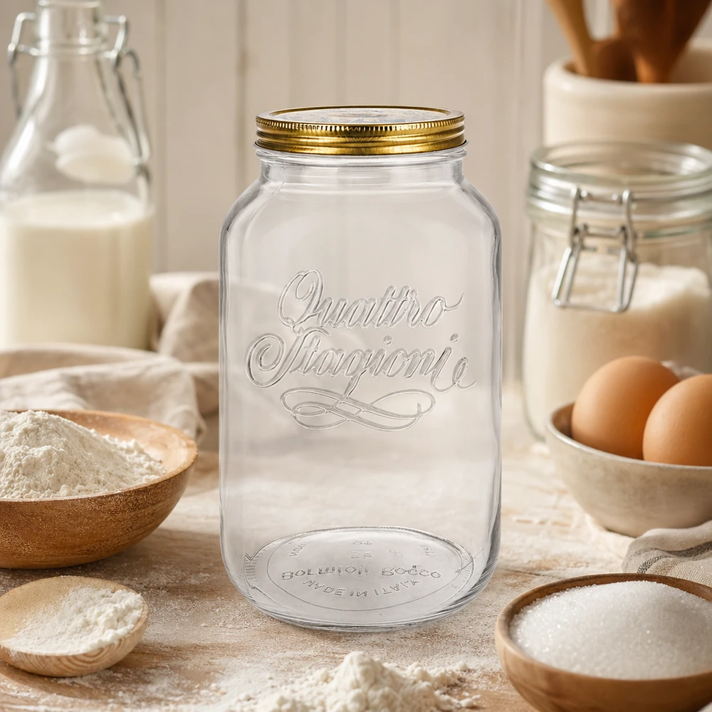 Tarro redondo "Quattro Stagioni" de 3800ml con tapa. Quattro Stagioni 3800ml tarro redondo en la cocina rústica rodeado de ingredientes para hornear harina huevos y leche tarro de almacenamiento