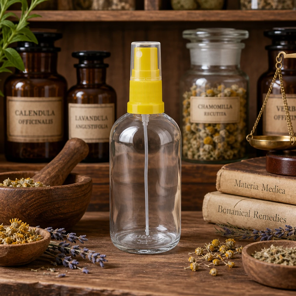 Frasco pulverizador de 100 ml amarillo/transparente tapón estándar ClearLine UT18/100 Botella pulverizadora ClearLine UT18 de 100 ml con pulverizador amarillo, entre frascos de hierbas y libros de medicina natural
