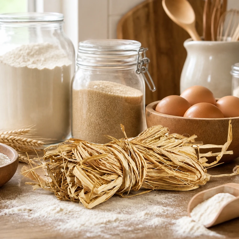 Cordel natural para decorar, 30 g La rafia natural 30 g de color beige dorado como auxiliar de cocina para fardos de pasta junto con los huevos y la harina muestra el uso tradicional