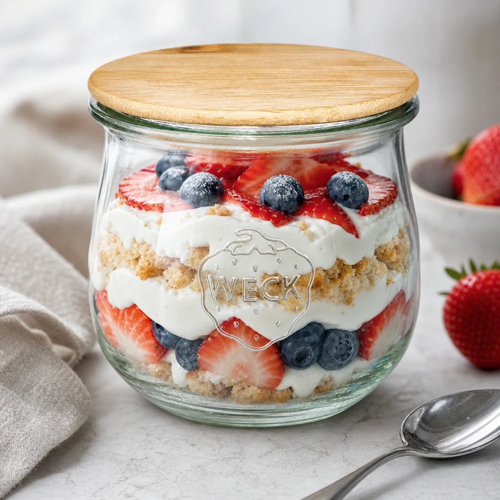 WECK tarro tulipán 370ml RR80 con tapa de madera como tarro de postre relleno de trifle de bayas y nata sobre una superficie blanca