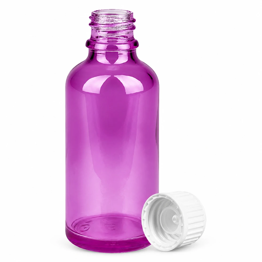 Frasco de cristal morado de 50 ml con tapón blanco para aceites esenciales y sueros