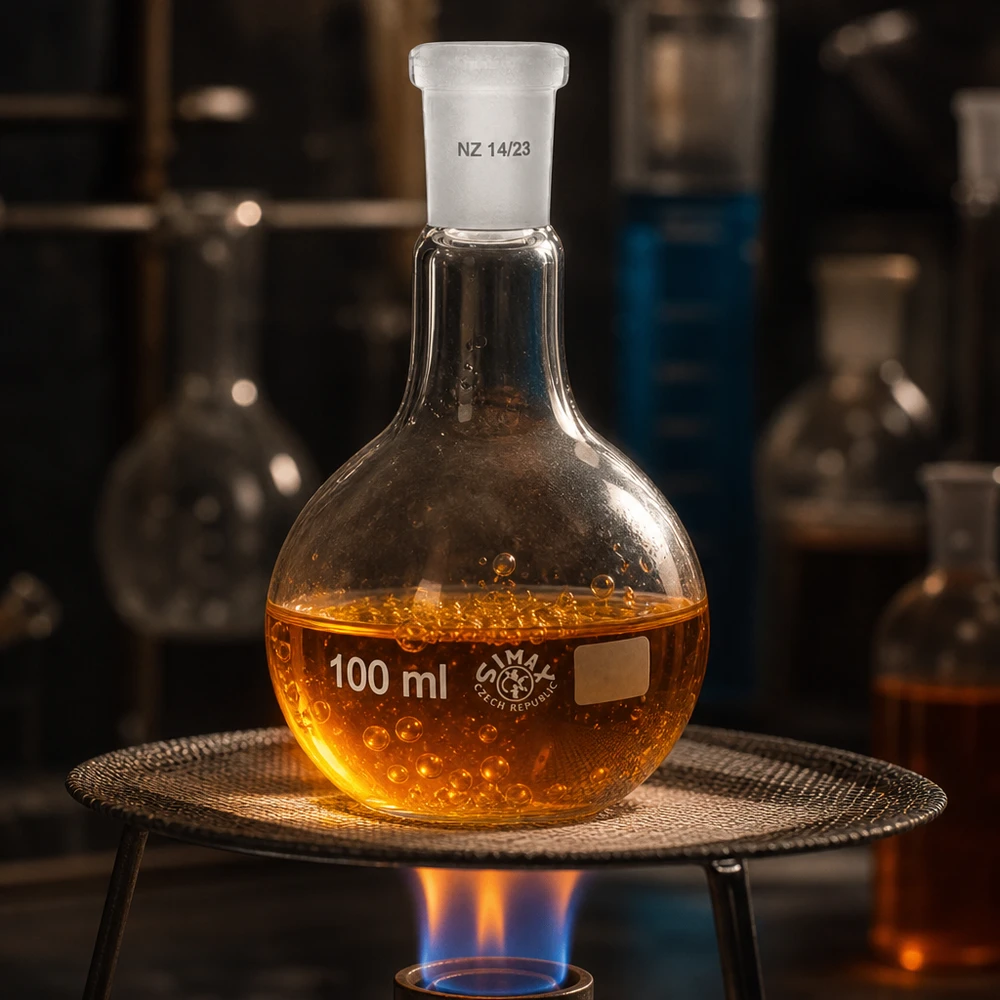 Matraz de pie de 100ml con junta esmerilada estándar 14/23 sobre quemador para calentar y destilar