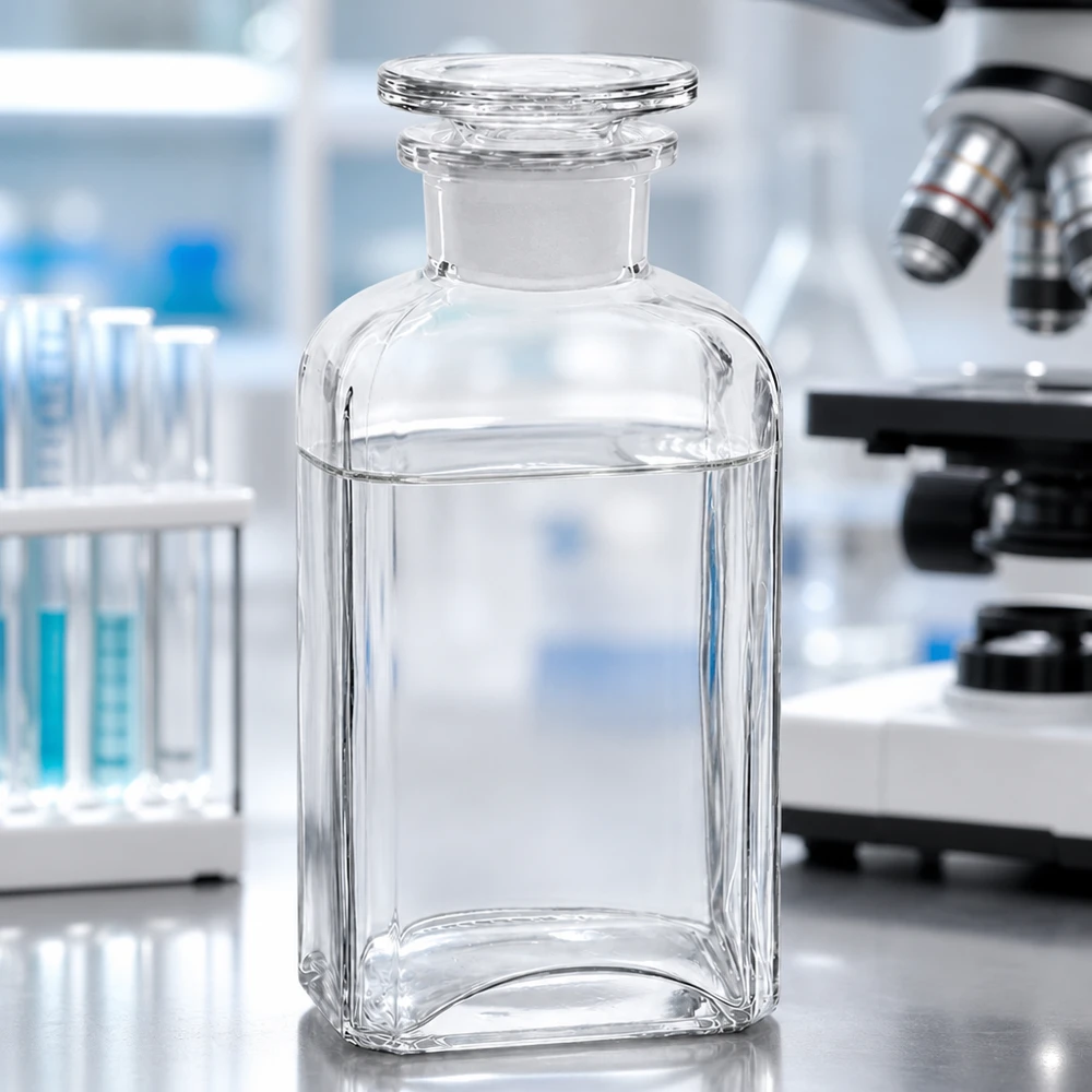 Botella cuadrada de 250 ml de cristal transparente, de cuello ancho y con tapón de cristal, sobre la mesa de trabajo del laboratorio, junto al microscopio